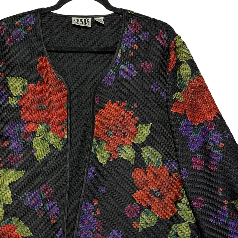 Chicos Design 100% Silk Woven Jacket Floral‎ Print Black Red Green Purple Size 1